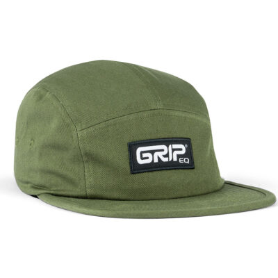 An olive 5-panel camper-style hat with a white and black GRIPeq logo patch on the front.