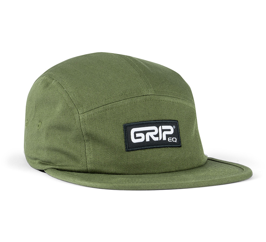 An olive 5-panel camper-style hat with a white and black GRIPeq logo patch on the front.