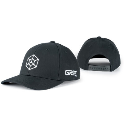 A black baseball cap with a white hex logo on the front. The backside of the hat is shown as well.