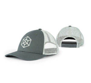 A gray trucker cap with a white hex logo on the front. The backside of the hat is shown as well.