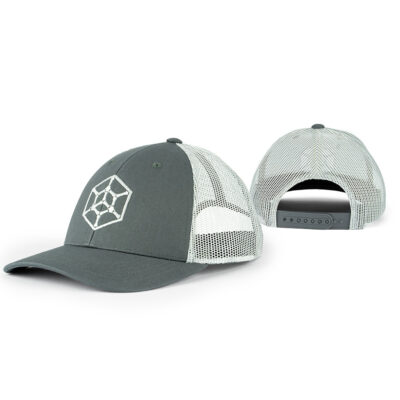 A gray trucker cap with a white hex logo on the front. The backside of the hat is shown as well.