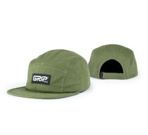 An olive 5-panel camper-style hat with a white and black GRIPeq logo patch on the front. The backside of the hat is shown as well.