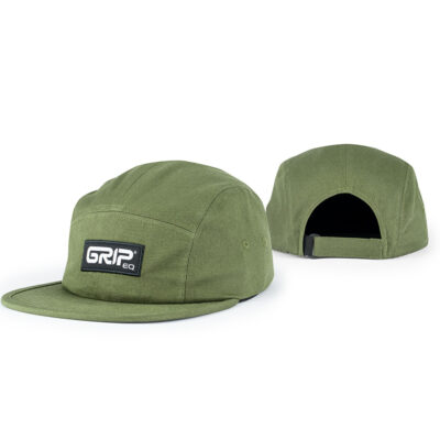 An olive 5-panel camper-style hat with a white and black GRIPeq logo patch on the front. The backside of the hat is shown as well.