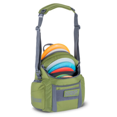 Side view of a GRIPeq G2 bag in moss color, loaded with discs and water bottles.