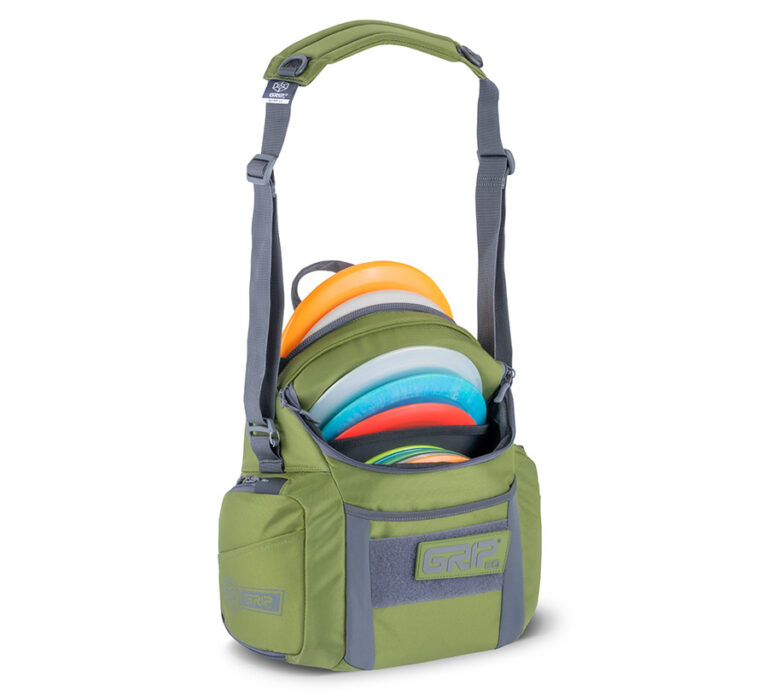 Side view of a GRIPeq G2 bag in moss color, loaded with discs and water bottles.