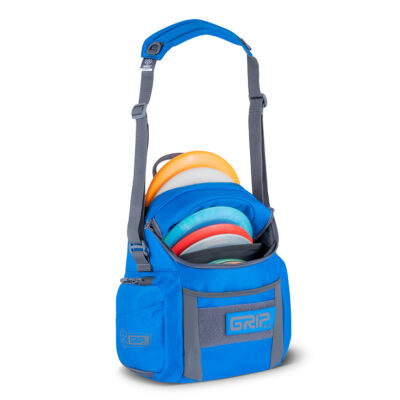 Side view of a GRIPeq G2 bag in ocean color, loaded with discs and water bottles.