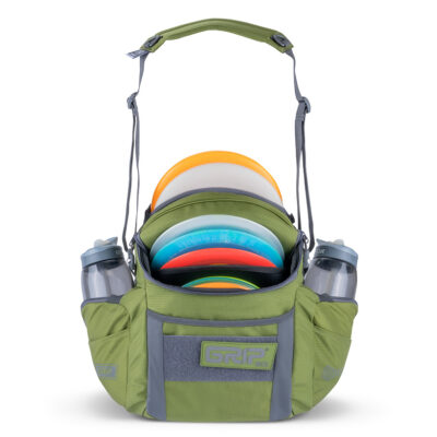 Front view of a GRIPeq G2 bag in moss color, loaded with discs and water bottles.