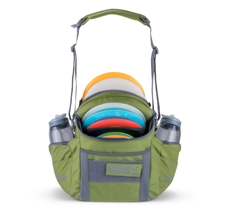 Front view of a GRIPeq G2 bag in moss color, loaded with discs and water bottles.