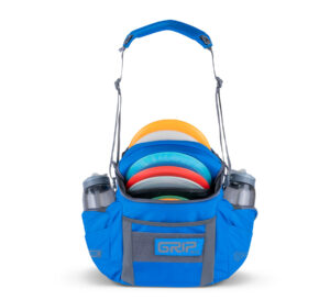 Front view of a GRIPeq G2 bag in ocean color, loaded with discs and water bottles.