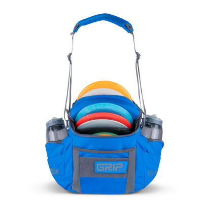 Front view of a GRIPeq G2 bag in ocean color, loaded with discs and water bottles.