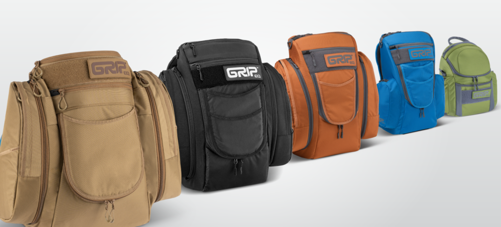 Line-up of GRIPeq core model disc golf bags in various colors.