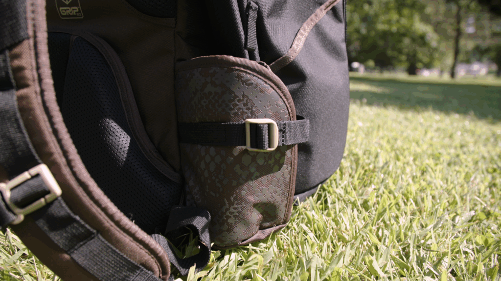 Anthony Barela Signature Series AX6 disc golf bag. Featuring the adjustable water bottle pockets.