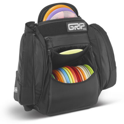 A black GRIPeq AX5 bag with the front pocket open, loaded with discs.